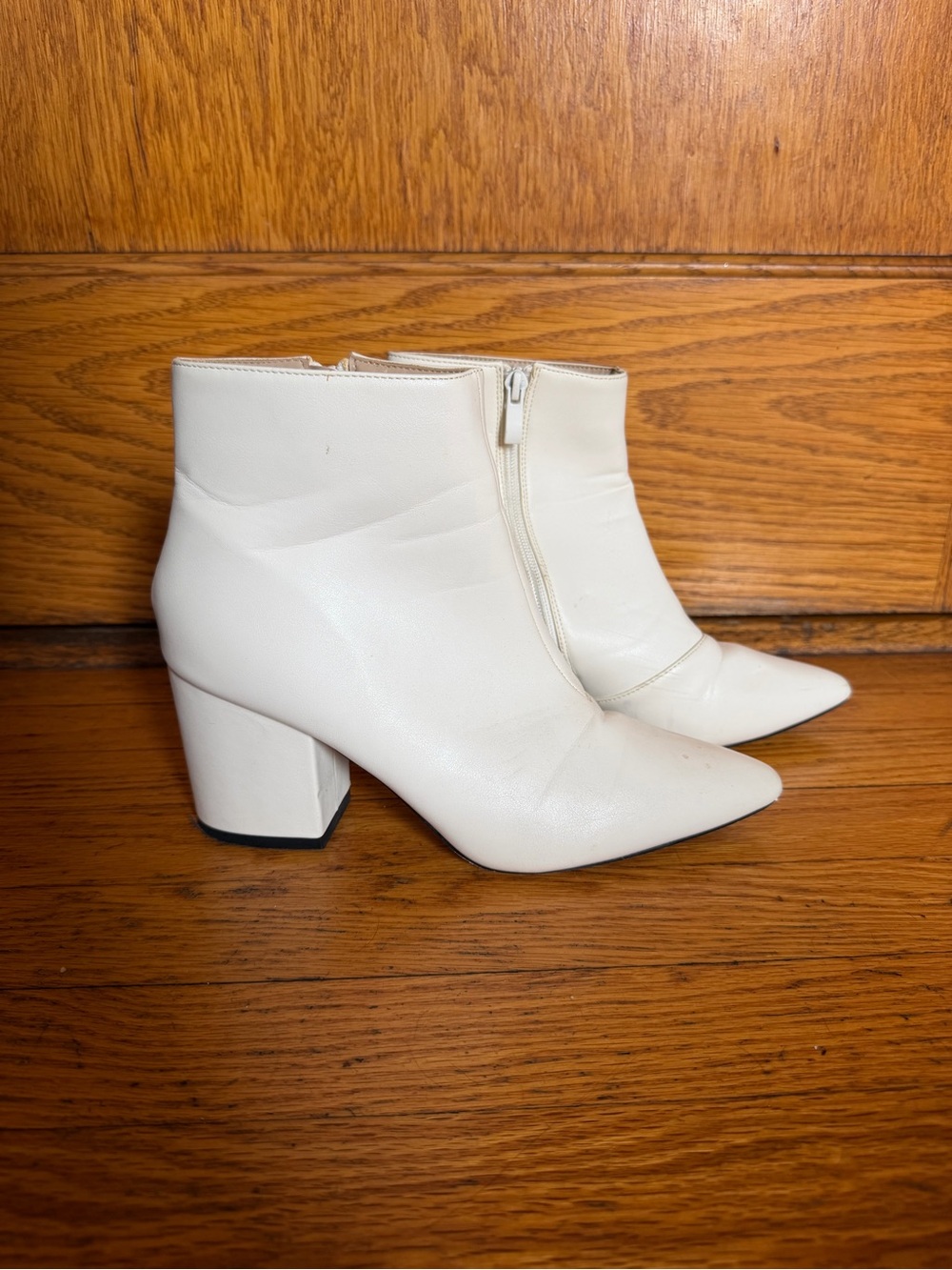 Pointed Toe Cream Ankle Boots with Block Heel
